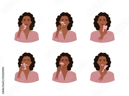 Set of portraits of black woman with rose quartz gua sha scraper and roller. Variations of female facial self-care routine. Home beauty skin care routine