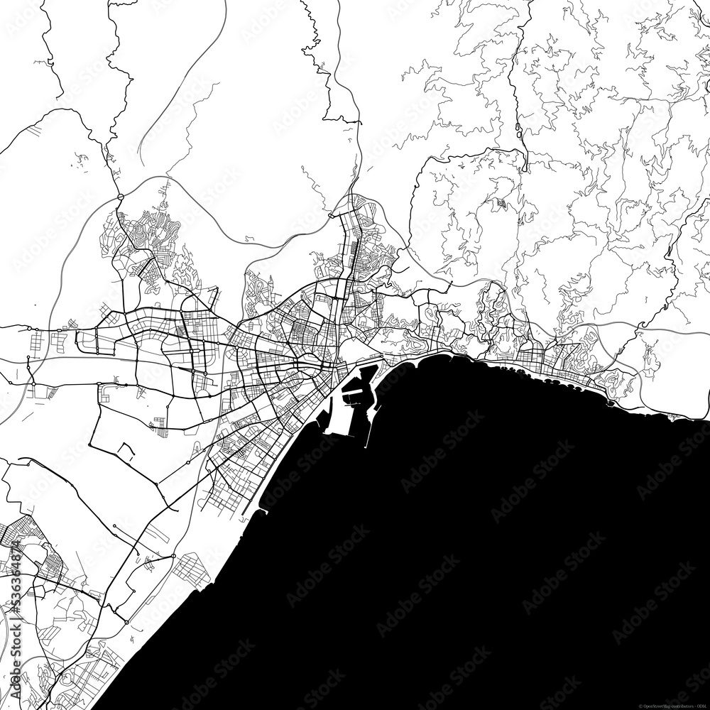 Naklejka premium Area map of Malaga Spain with white background and black roads