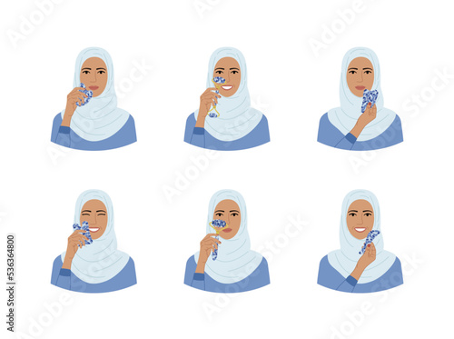 Set of portraits of woman in hijab with blue sodalite gua sha scraper and roller. Facial gua sha scraping massage tools. Variations of home beauty skin care routine
