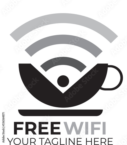 Internet cafe logo template. Free wifi area vector design. Wi-fi symbol and coffee cup illustration
