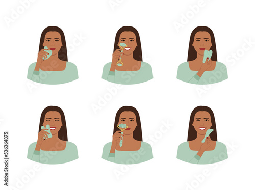 Set of portraits of black woman with green aventurine gua sha scraper and roller. Variations of female facial self-care routine. Home beauty skin care routine