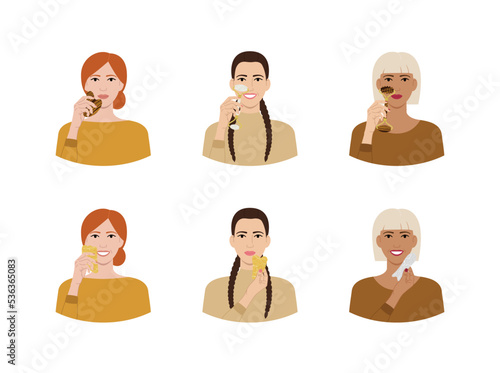 Set of portraits of diversity women with gua sha scraper and roller. Facial gua sha scraping massage tools. Variations of different nationalities women beauty skin care