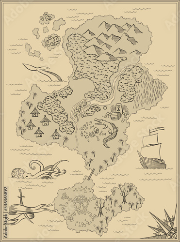 Cartoon island map template for next level game - adventures, treasure hunt. Pirate map with octopus, scorpion, sharks, snake, scull. Hand drawn vector illustration, vintage background