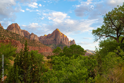 The green river valley of Zion National Park with The Watchman standing tall above