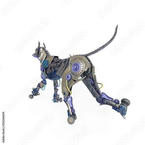 vintage cyber dog is running fast in white background rear view