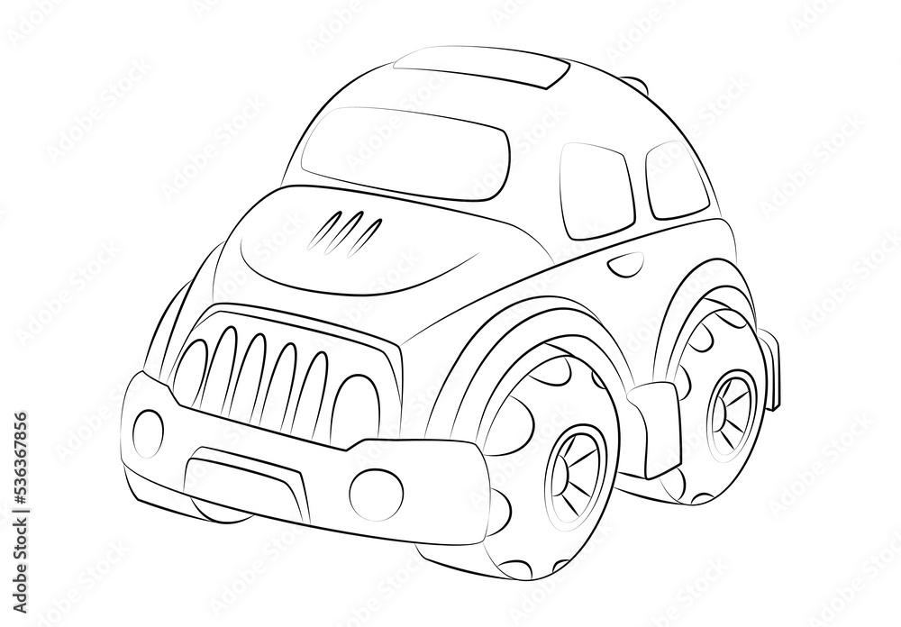 Children's toy car. Cute monster truck. Automobile with huge wheels. Use in games, stickers, printing on paper or fabric, for design of children's rooms, nursery, clothing, textiles, coloring book