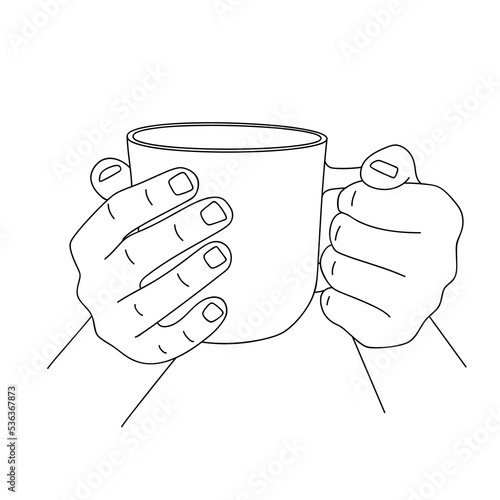 Female hands cozy holding large cup with tea or coffee. Sketch, linear drawing. Beautiful hand holding mug with hot beverage. Morning cup of coffee. Warm up with hot tea in cold weather