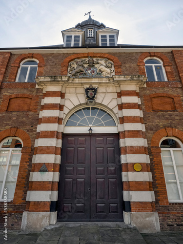 LONDON, UK - APRIL 05, 2018: Door to the Royal Brass Foundry Building in the Royal Arsenal at Woolwich