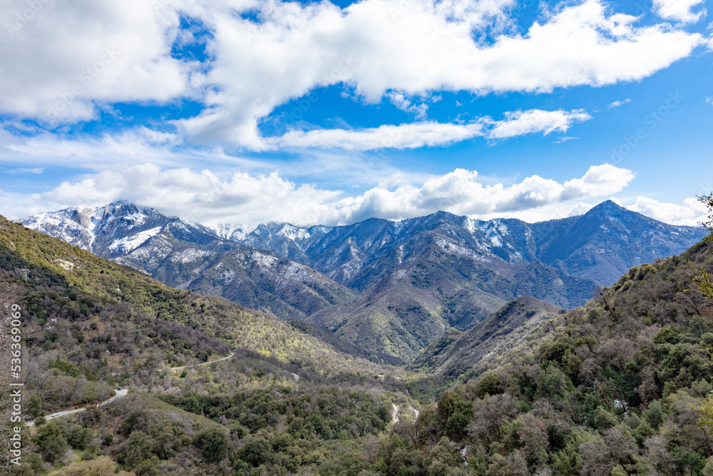 landscape near village of three rivers with view to snow capped moiuntains in Sequoia national park