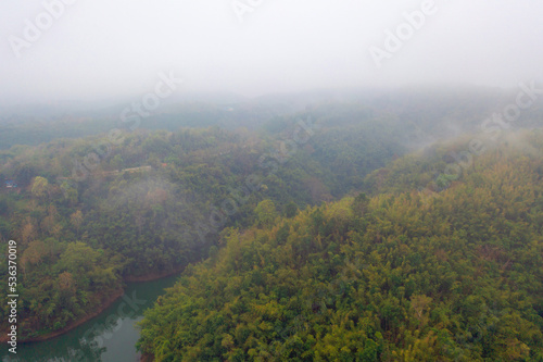 Aerial top view of forest trees and green mountain hills with sea fog  mist and clouds. Nature landscape background  Thailand.