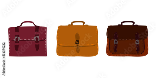Set of colorful stylish cartoon female bags isolated on white background. Collection of luxury modern leather accessories.
Flat vector illustration