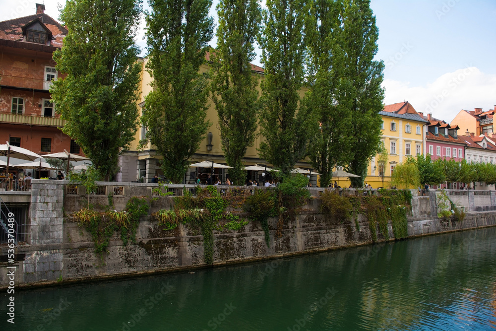 Restaurants and bars on the waterfront of the Ljubljanici River in central Ljubljana, Slovenia
