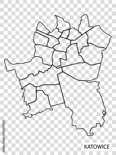 High Quality map of Katowice is a city  The Poland, with borders of the regions. Map Katowice of  Silesian your web site design, app, UI. EPS10.