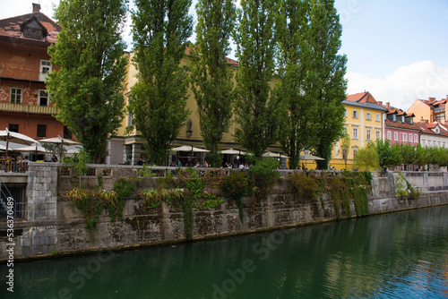 Restaurants and bars on the waterfront of the Ljubljanici River in central Ljubljana, Slovenia
