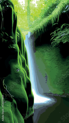 Waterfall in green jungle rainforest vector illustration.