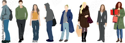 Gruppe von Menschen auf der Strasse teils mit Weihnachtseinkäufen, Frauen und Männer auf weissem Hintergrund, horizontale Vektorillustration