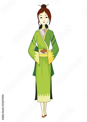 Japanese girl standing in kimono. Women in traditional style costume. Full length portrait of typical Japanese geish