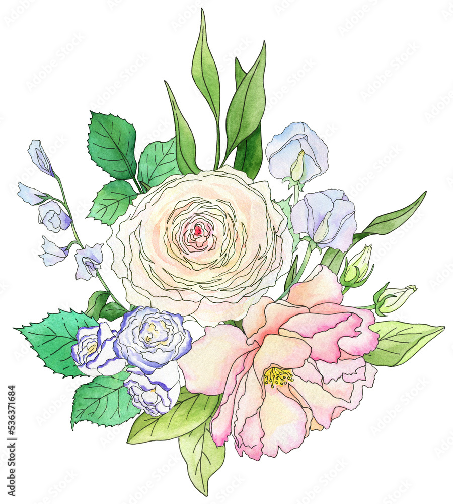 Watercolor bouquet of white and pink flowers with leaves, isolated on ...