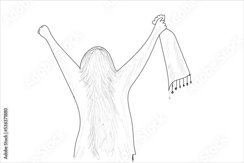 a woman opposes the obligation to wear a headscarf. She takes off her headscarf and holds it in her hand. women's rights, women's equality protest to iranian government