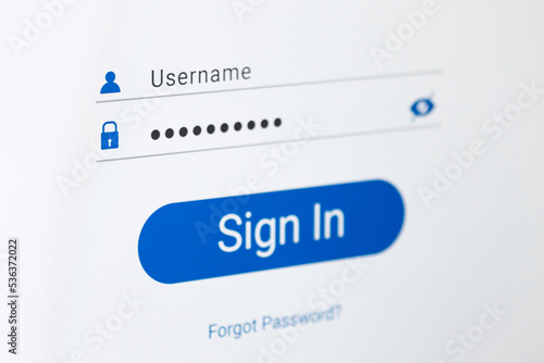 Verification window, username and password fields, password characters in the form of dots, text forgot password. Photo of a computer screen, selective focus.