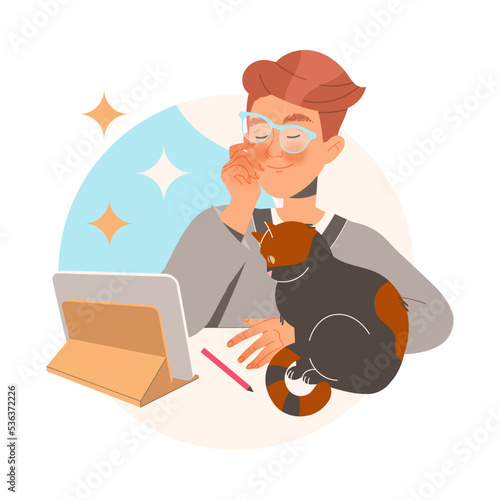 Smiling Man Character in Glasses Learning Sitting at Desk with Tablet PC and Cat Pet Studying Vector Illustration