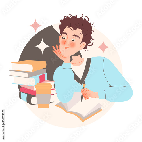 Interested Man Character Learning Sitting at Desk with Books and Coffee Studying Vector Illustration