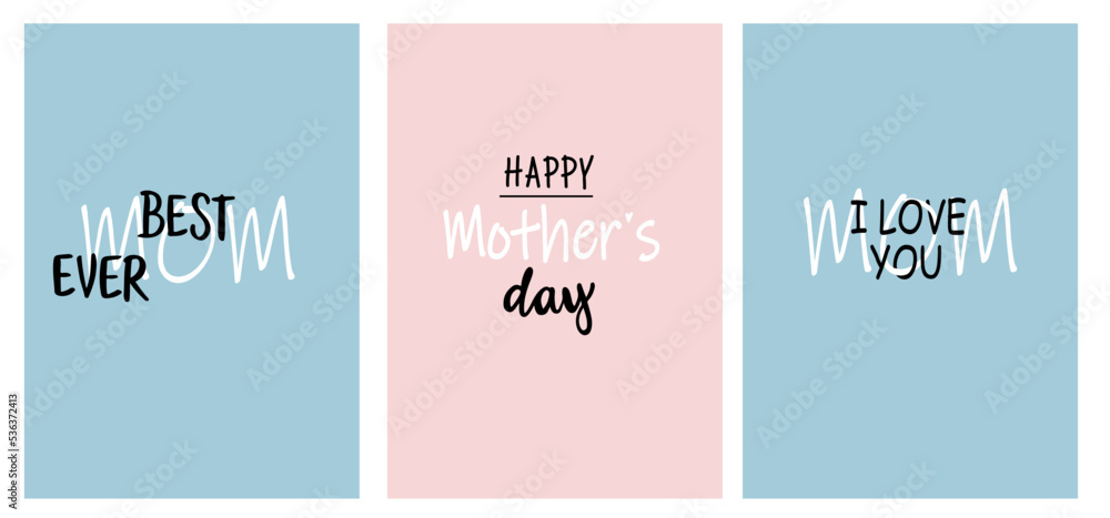Vector hand drawn mother's day posters. Postcard, banner happy mother's day. I love you mom. Poster set.