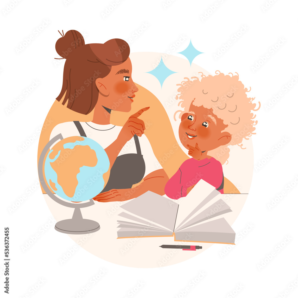Obraz premium Woman with Kid Learning Geography Sitting at Desk with Open Book and Globe Studying Vector Illustration
