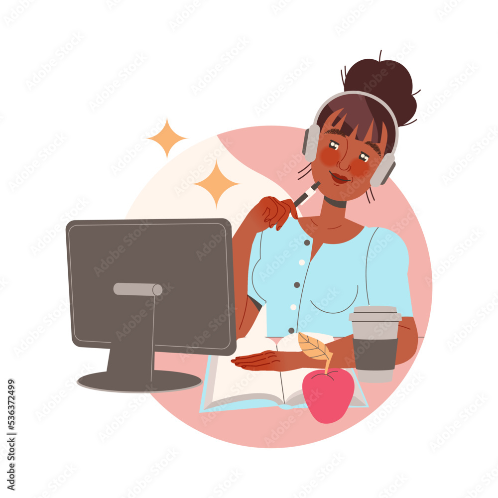 Learning Woman Character in Headphones Sitting at Desk with Copybook In Front of Computer Studying Vector Illustration