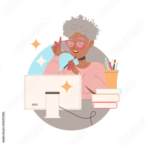 Senior Woman Character in Glasses Learning Sitting at Desk In Front of Computer Studying Vector Illustration