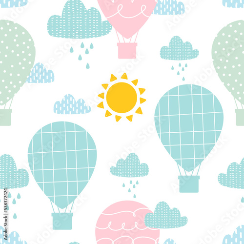 Vector hand-drawn pattern with clouds air balloons sunshine in scandinavian style. Stylish print. For children's wallpaper, printing on fabric.