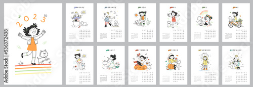 Vertical wall calendar design template for 2023. Set for 12 months. Vector images with cute girl and dog.