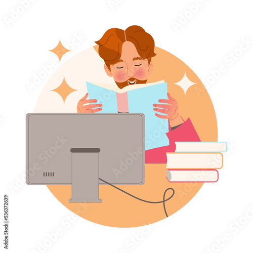 Bearded Man Character Learning Sitting at Desk at Computer and Reading Book Studying Vector Illustration