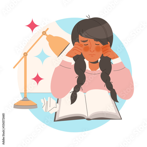 Focused Woman Character Learning Sitting at Desk with Open Book Trying to Remember Vector Illustration