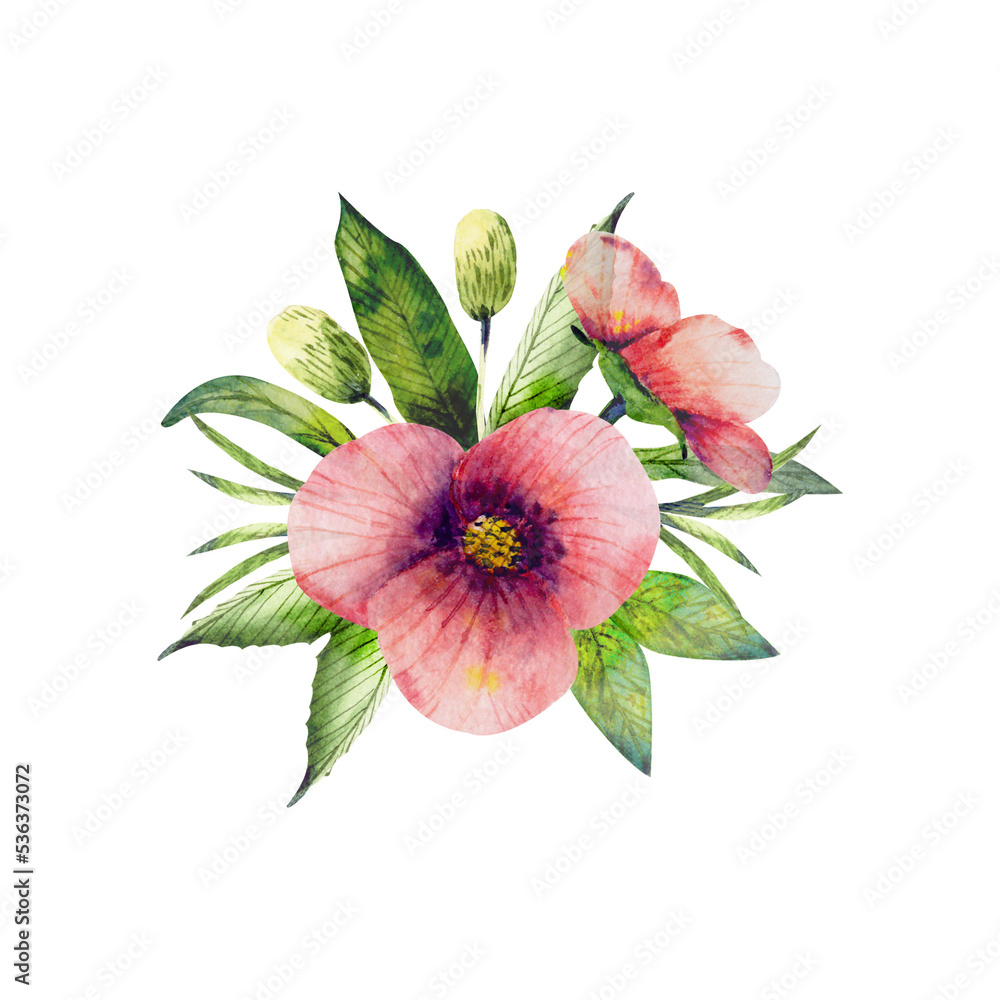 Watercolor hand drawn composition of the pink flowers and leaves. Drawn by hand. For greeting, invitation, cards, banners. Watercolor hand drawn composition of the pink flowers and leaves. Drawn by hand. For greeting, invitation, cards, banners.