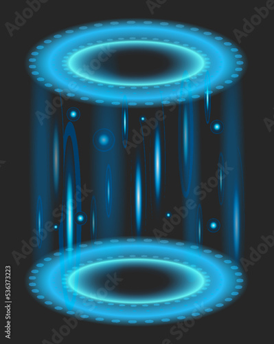 Teleport with blue glow rays with sparks. Neon energy circles, portal podium. Light futuristic digital wrap or fantasy glowing hologram. Vector vertical space tunnel with luminous beams