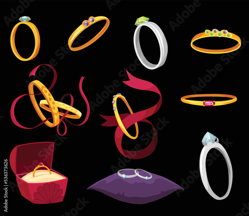 Wedding rings set. Different jewelry rings. Engagement symbols, gold jewellery for proposal marriage wed. Signs will you marry me