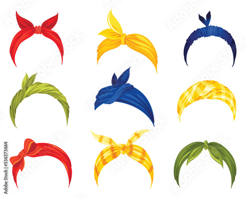 Retro headbands. Cartoon women bandanas. Hairstyle fashion vintage headscarves or fashion lady dressing accessoryes. Vintage feminine headwears or headgears