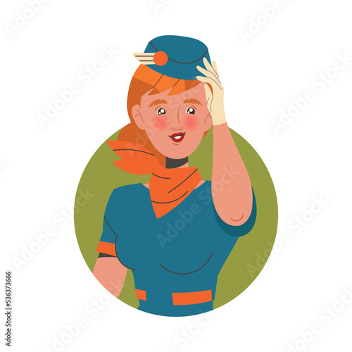 Young Redhead Woman Stewardess in Blue Flight Cap and Red Neckcloth Vector Illustration