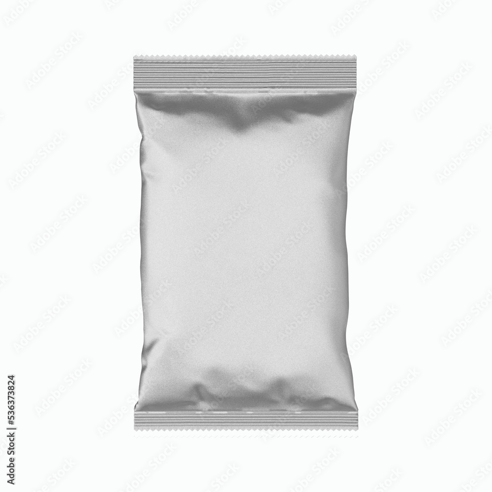 Blank  silver metal sachet packet isolated on white. Small pack sachet mockup