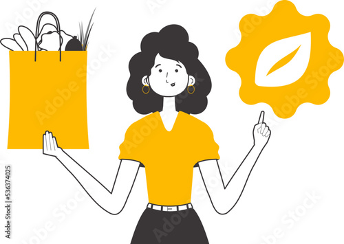 Woman, package with products and eco logo. The concept of reasonable consumption. Lineart style. Isolated on white background. Vector illustration.