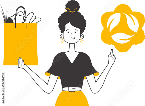 Woman, package with products and eco logo. The concept of reasonable consumption. Lineart trendy style. Isolated on white background. Vector illustration.