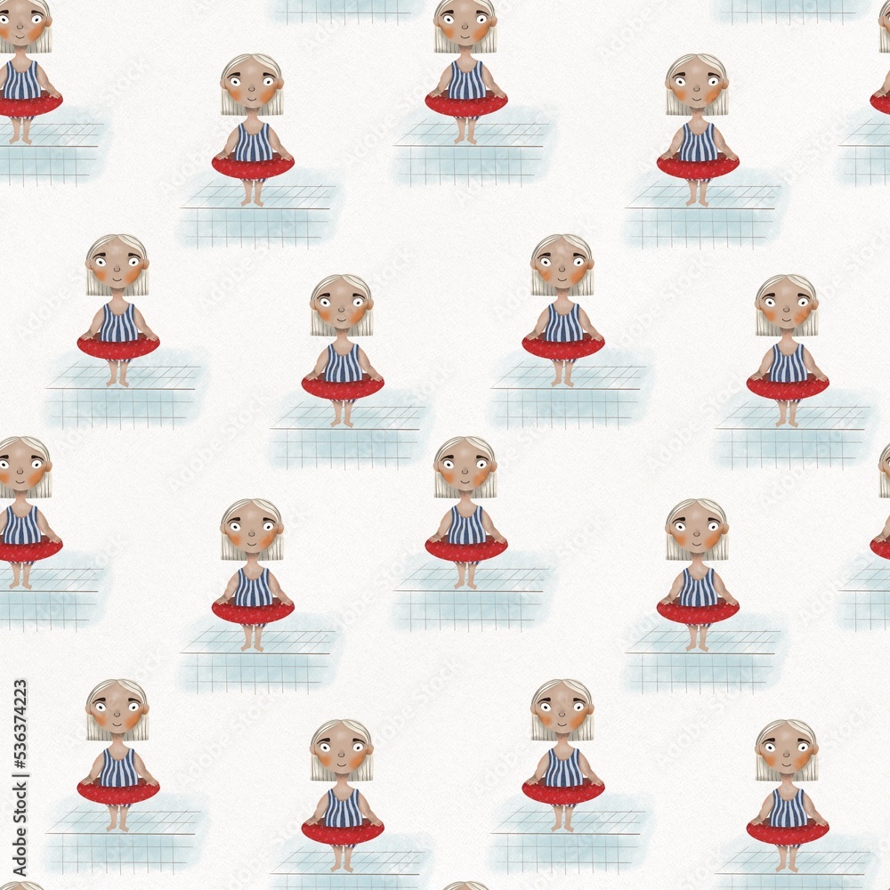 Seamless pattern with girls swimmers on striped swimsuit and swimming circle. Girls on white background.Print for kids design, textile, paper, books, nursing, greeting, school design Seamless pattern with girls swimmers on striped swimsuit and swimming circle. Girls on white background.Print for kids design, textile, paper, books, nursing, greeting, school design