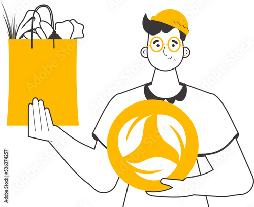 Guy, package with groceries and eco logo. The concept of reasonable consumption. Linear trendy style. Isolated on white background. Vector illustration.