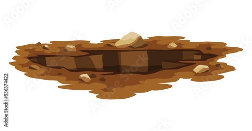 Hole ground. Entrance underground, big crack or ruin. Dirty, dark entrance, detailed drawing in cartoon style. Deep pit. Cartoon den of wild animal