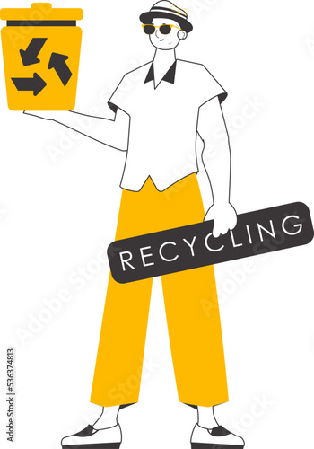 A man is holding a trash can. Waste recycling concept. Lineart trendy style. Isolated on white background. Vector illustration.