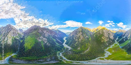panorama 360 kyrgyzstan Karakol Gorge.View of snowy mountains in summer,fresh water supply in issyk kul region,ecology photo