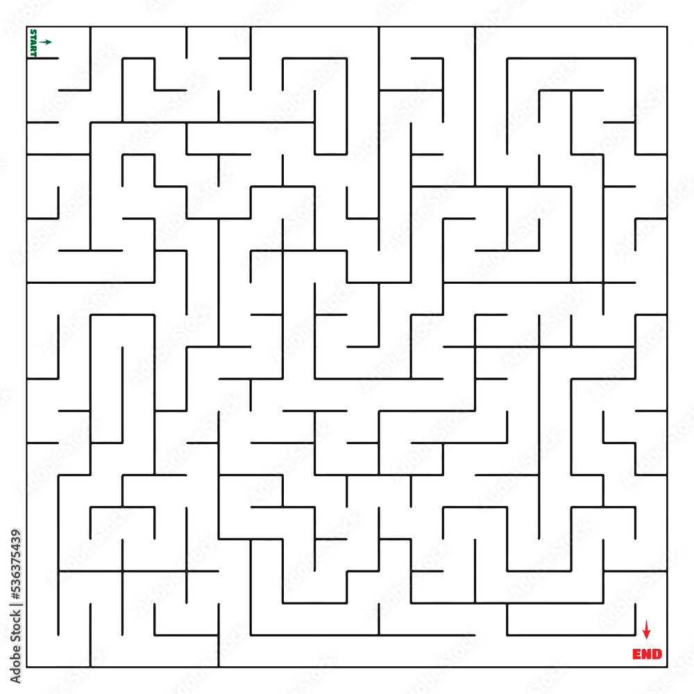 The maze coloring page finds the right way to the solution. square maze black line on white background