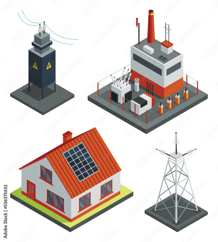 Energy power grid isometric. Power distribution with family house, wind and high voltage electricity grid pylons, electric transformer. Electric transmission network providing energy supply