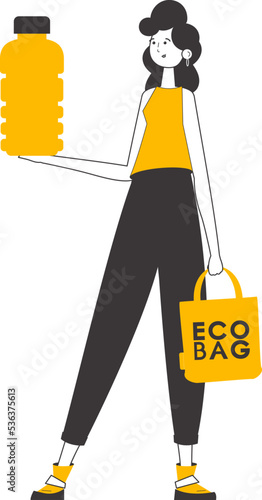 The girl holds in her hands an eco bag and a bottle made of biodegradable plastic. The concept of reasonable consumption. Lineart trendy style.
